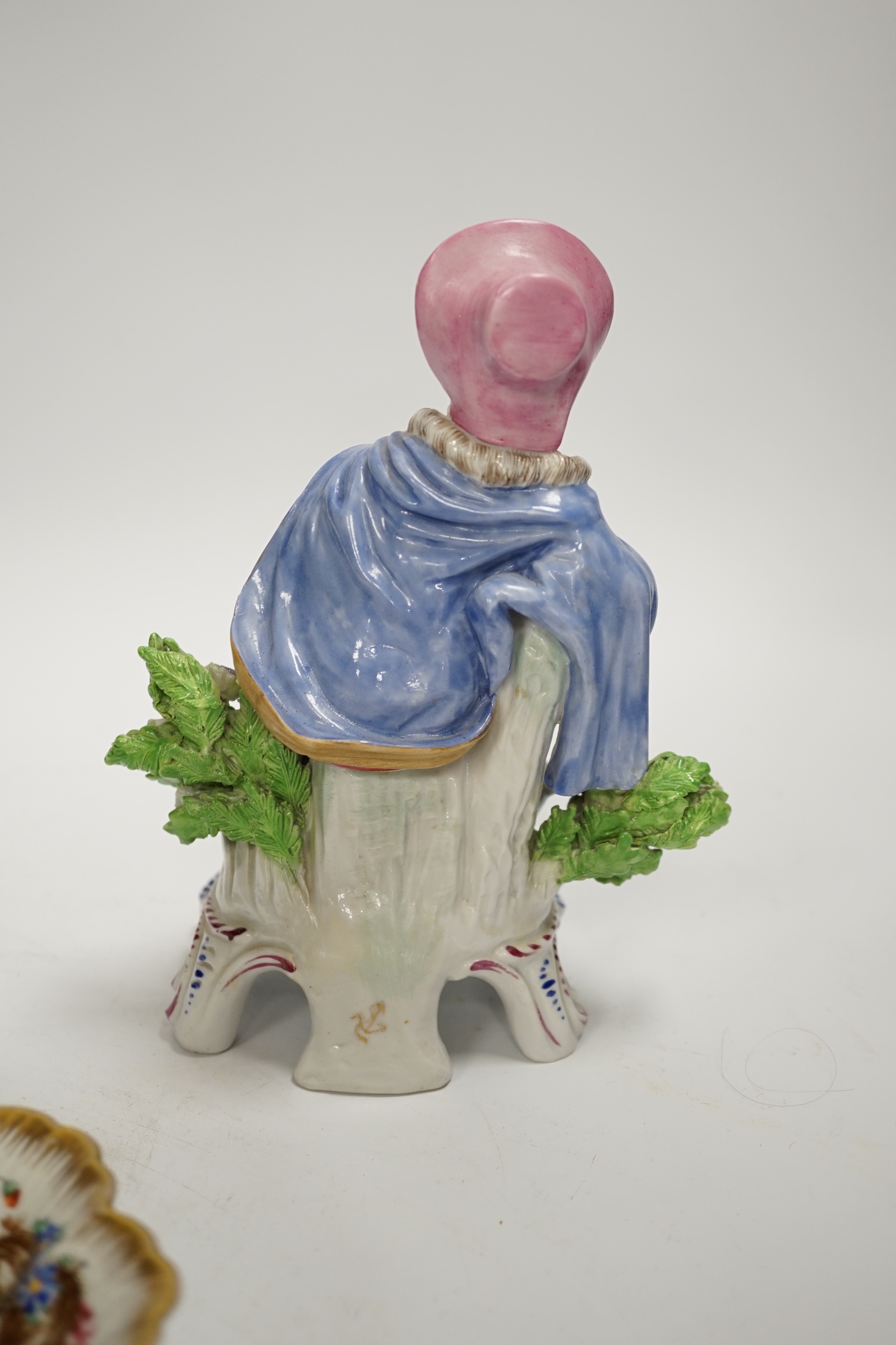 A Continental flower and insect painted dish and a Samson Chelsea style figure, 18cm